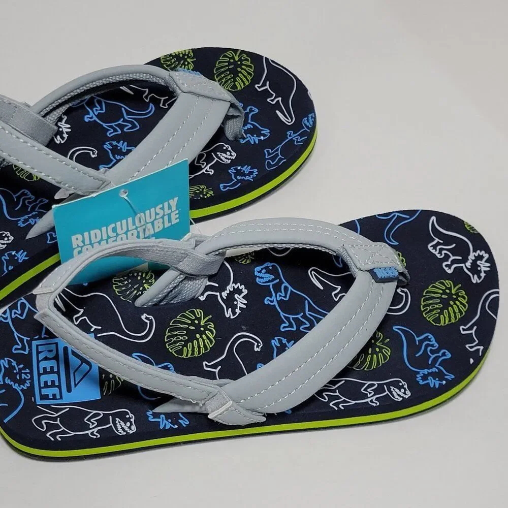 Reef Flip Flop Sandals Toddler Boy Size 12 Ahi Dino Dinosaur Gray Blue Backstrap